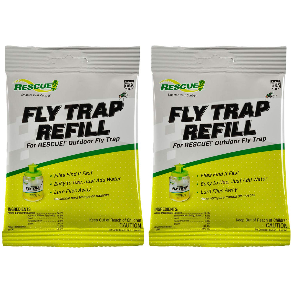 RESCUE! reusable fly trap bait refill outdoors attracts nuisance flies quickly.