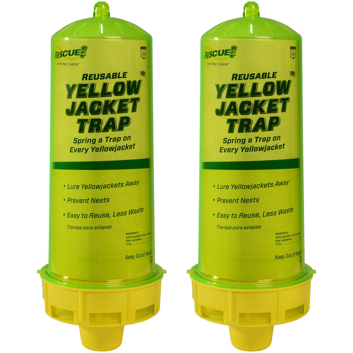 RESCUE! reusable yellowjacket trap front view with lure for backyard protection.