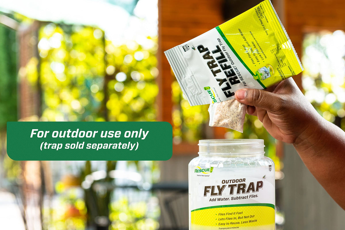 RESCUE! trap mounted outdoors near a fly source for easy use