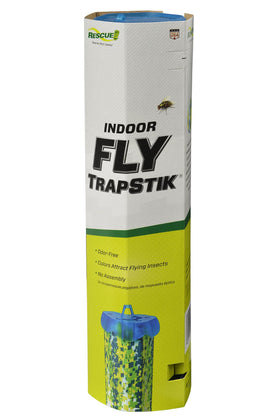 Close-up shows the sticky surface of RESCUE! TrapStik capturing flies indoors.
