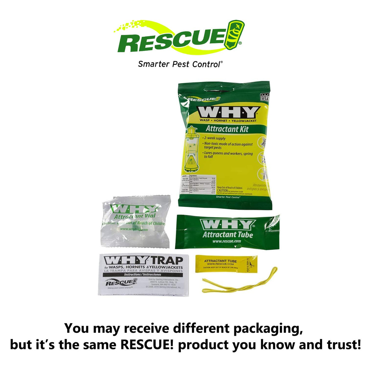 USA-made RESCUE! WHY Trap refill label for safe home use.