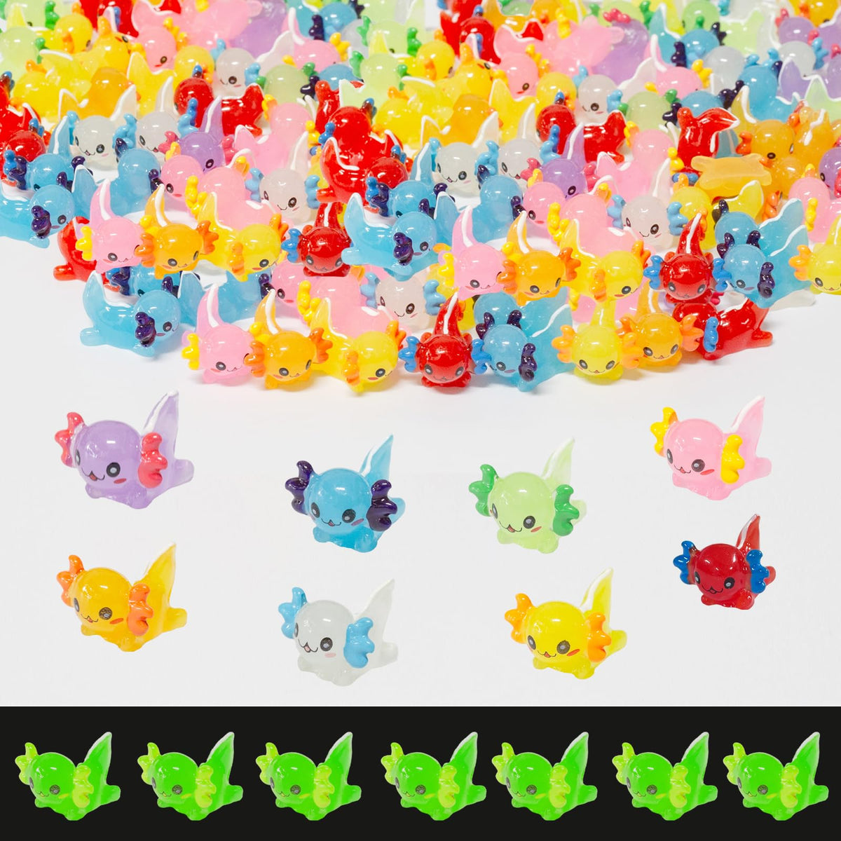 ResinGlow axolotl figurines glow in the dark for whimsical night displays.