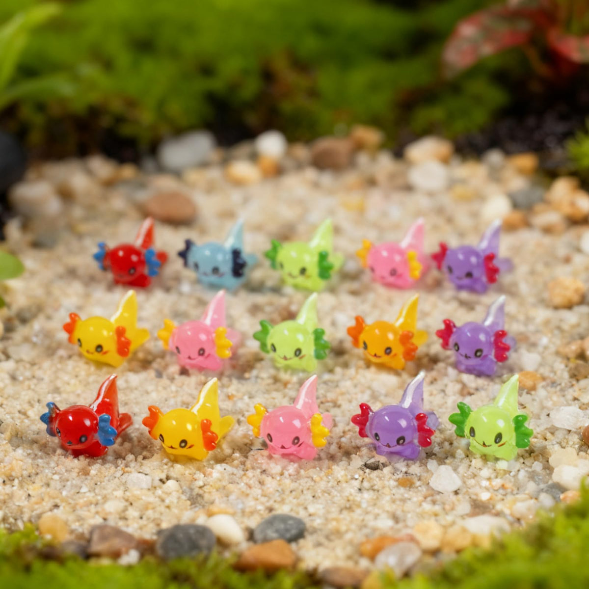 ResinGlow axolotl decoration for dollhouses brightens scenes after dusk.