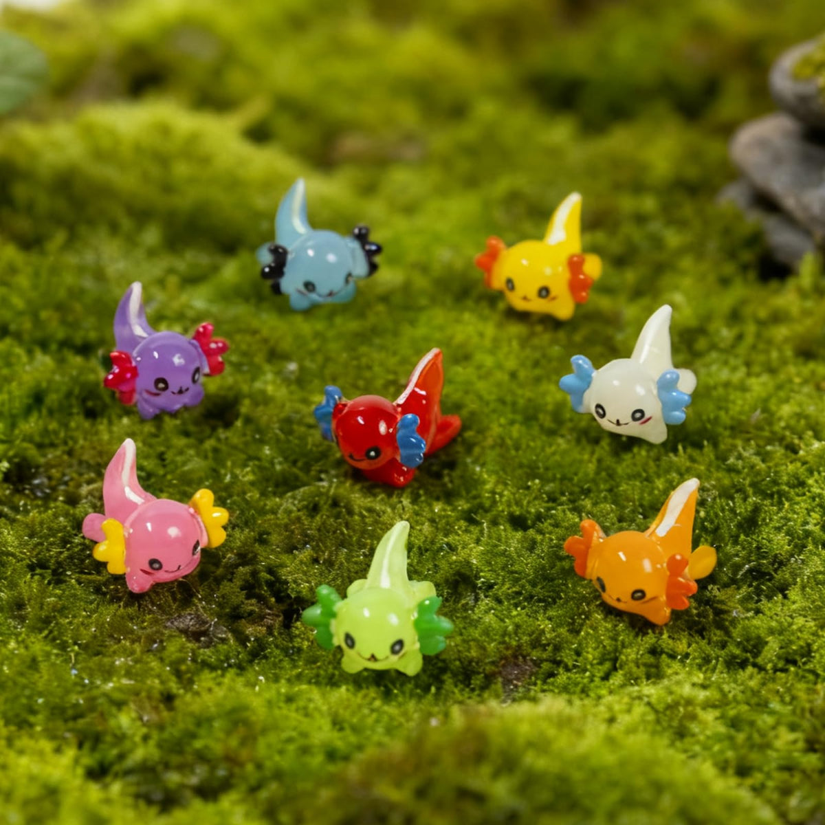 ResinGlow axolotl figurines create playful desk and shelf displays.