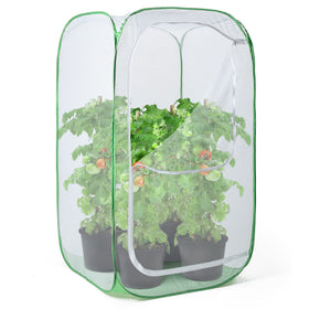 RESTCLOUD 36-inch outdoor mesh enclosure protecting a tall potted plant from birds and pests.