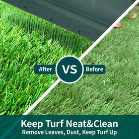 Compact storage design of Restick turf rake saves space.
