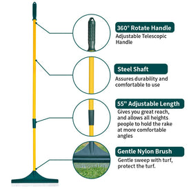 Restick turf rake shown with wall hanger for easy storage.
