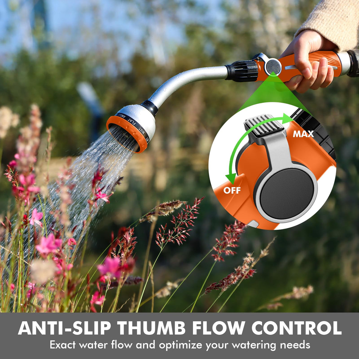 Restmo 10-pattern dial enables versatile watering from mist to jet.