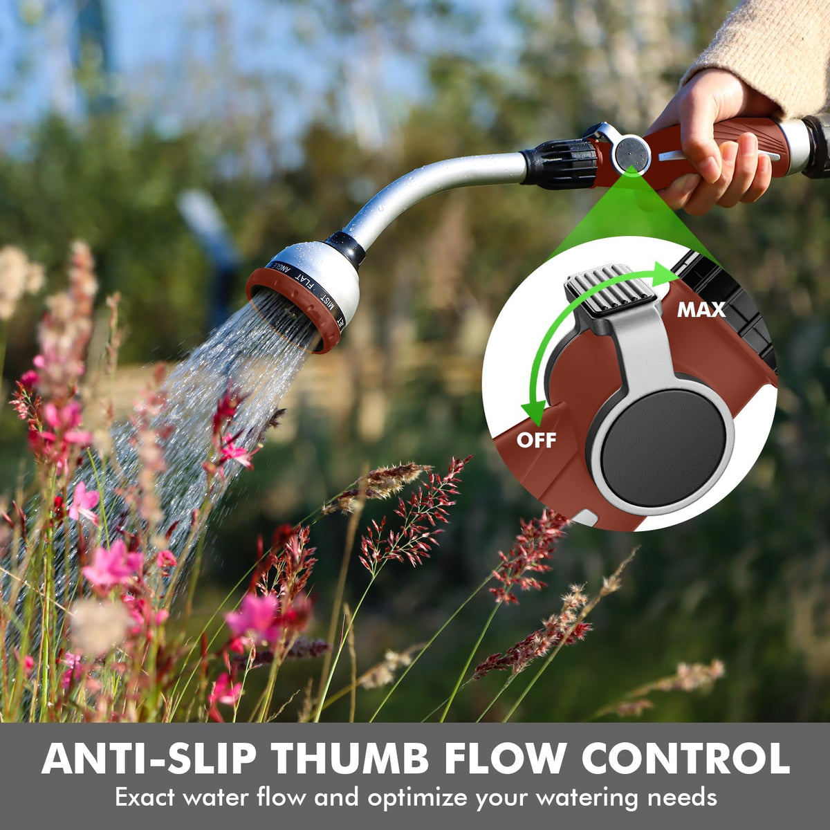 Restmo 10-pattern spray dial offers versatile watering options.
