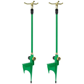 RESTMO 2-pack 3-arm sprinkler assembly with stake demonstrating quick setup for uniform lawn coverage.
