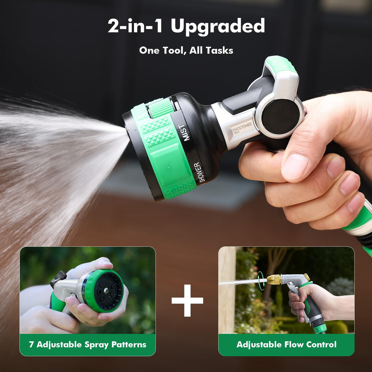 Restmo 2-in-1 hose nozzle pattern dial shows 9 spray patterns for versatile watering and cleaning.