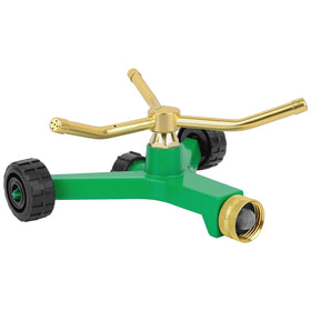 Restmo 3-arm sprinkler head watering a lawn with a wheeled base (full coverage).