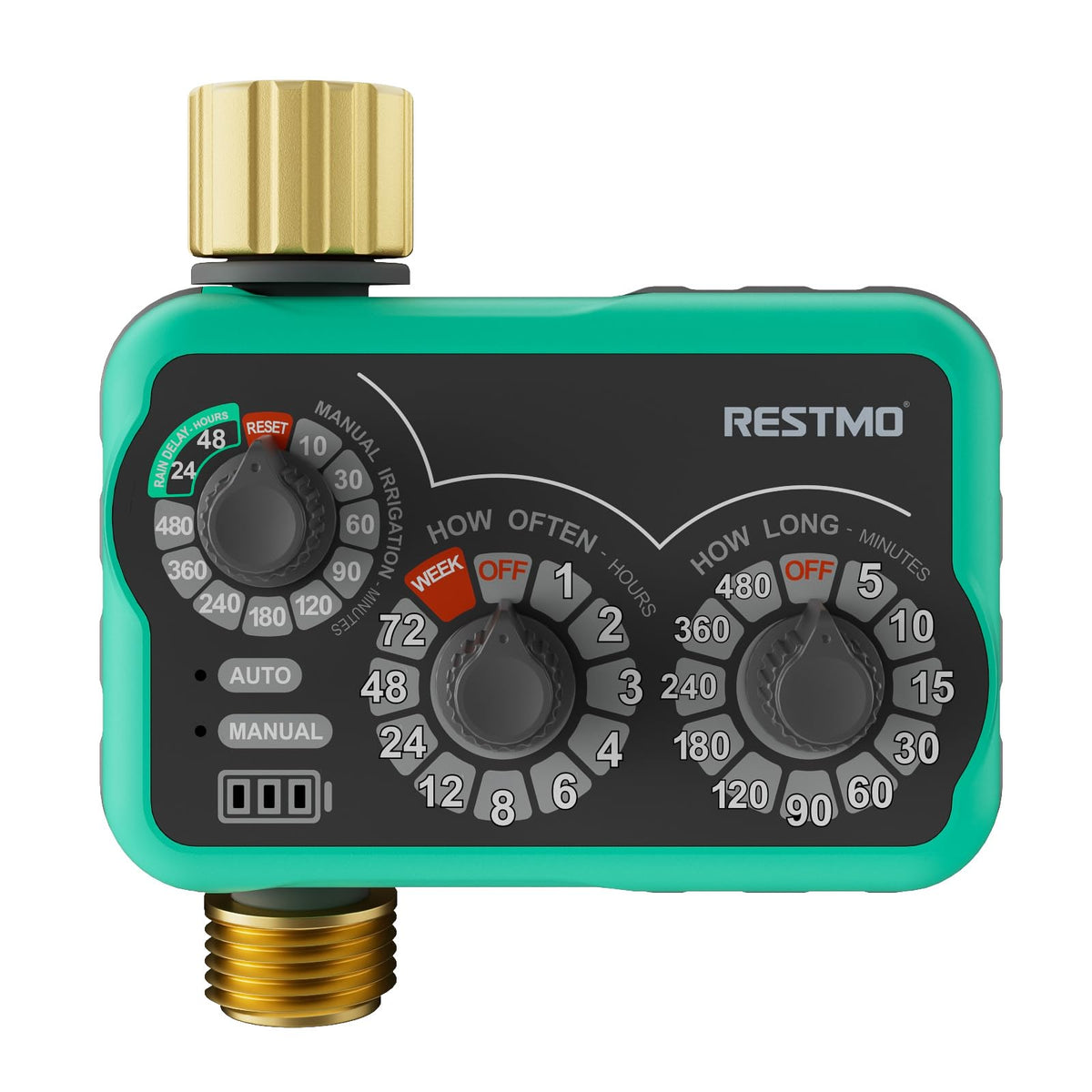Restmo 3-Dial timer front view showing scheduling dials for automatic watering.