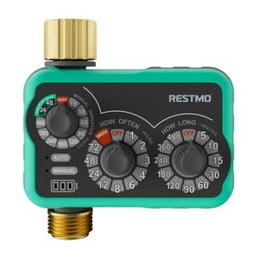 Restmo 3-Dial timer front view showing scheduling dials for automatic watering.