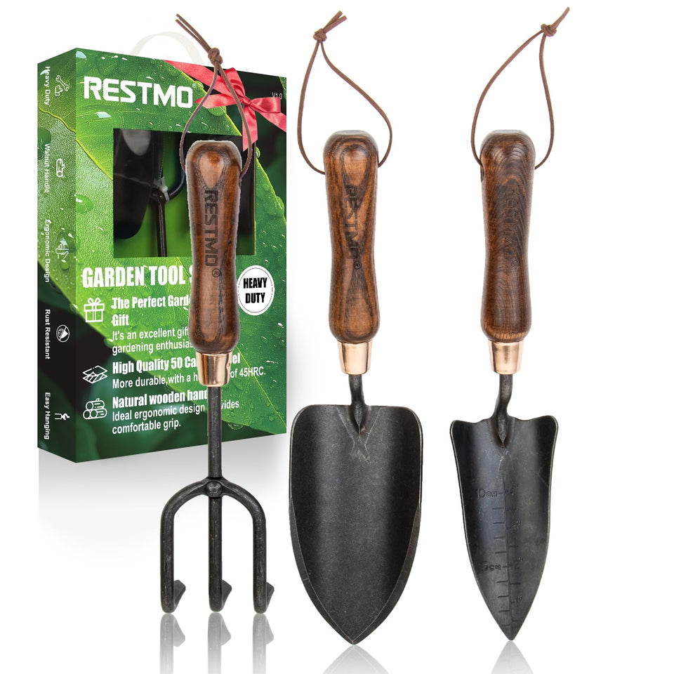 Restmo 3-in-1 garden trowel with premium carbon steel for precise planting.