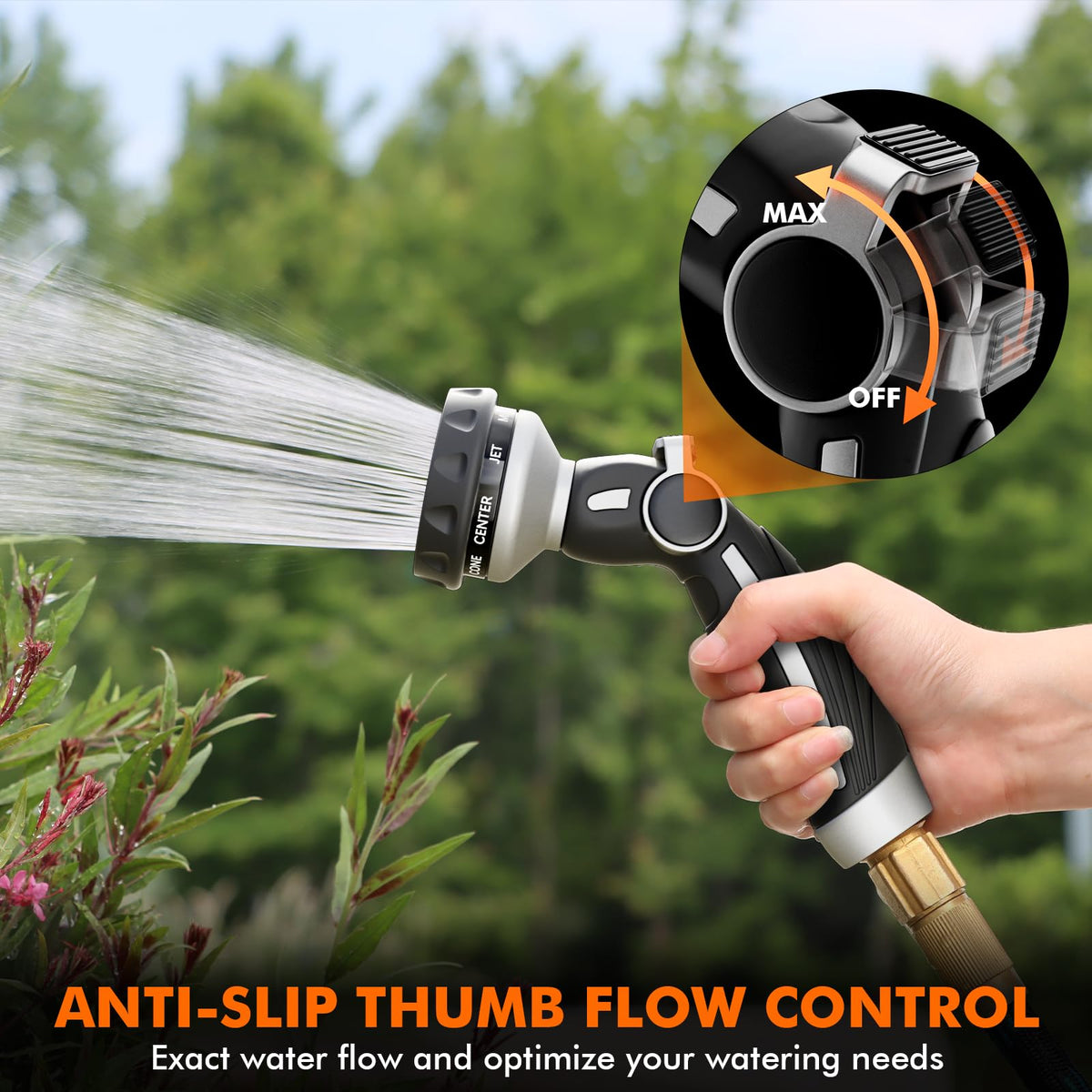 Restmo nozzle displaying nine spray patterns for versatile watering