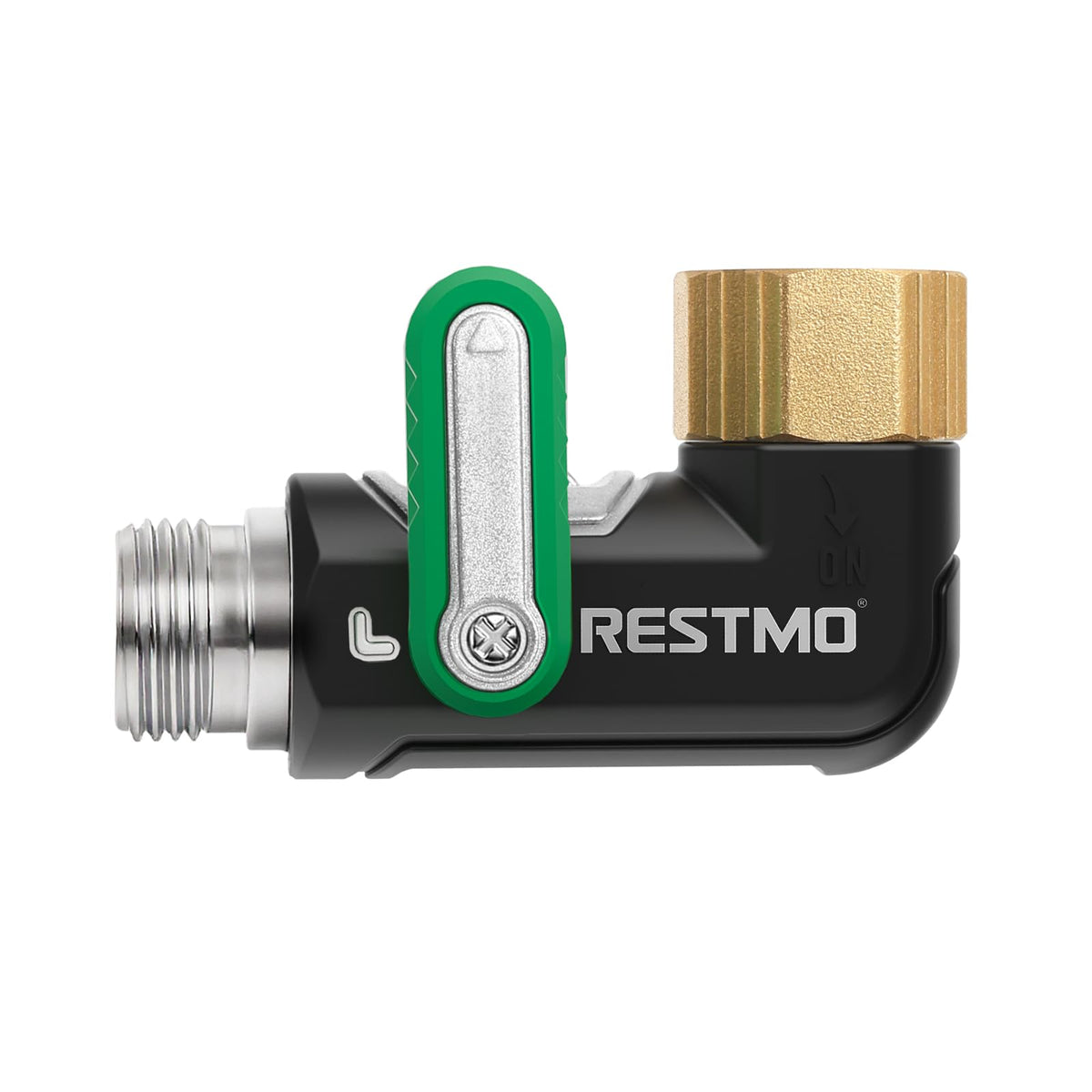 Restmo 90-degree hose elbow for full-flow water delivery in tight spaces