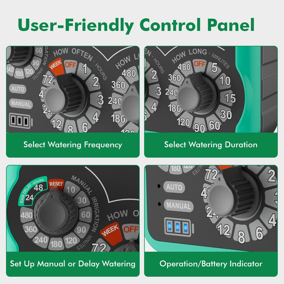 Restmo timer powered by 2 AA batteries with a waterproof seal.
