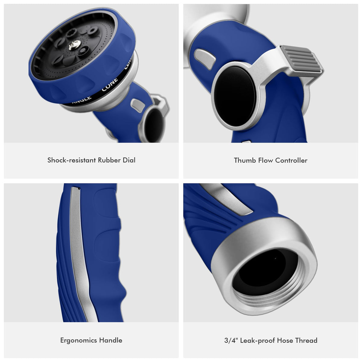 Restmo blue nozzle showcases durable finish for long-lasting garden use.