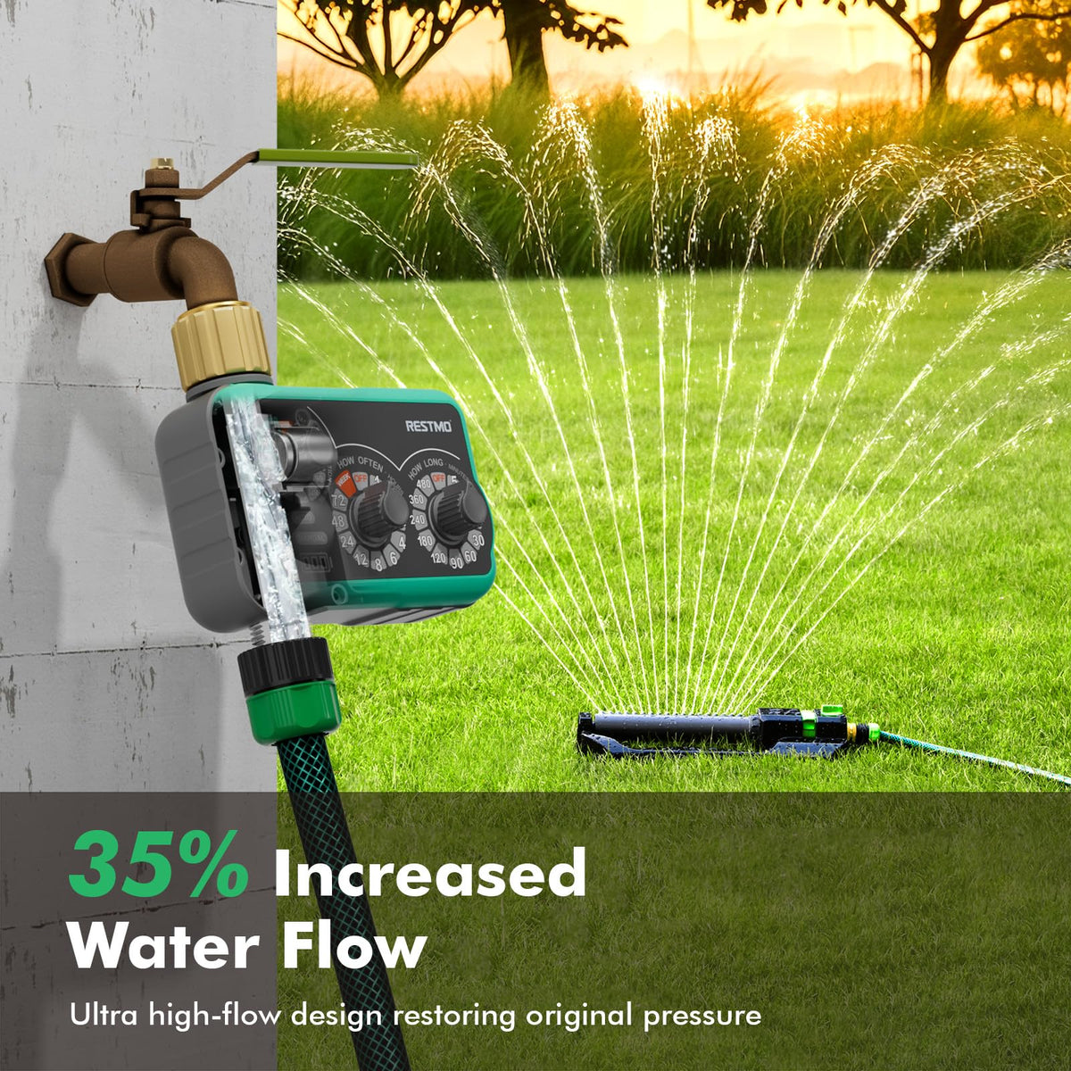 Restmo brass construction reinforces outdoor reliability and leak-free connections.