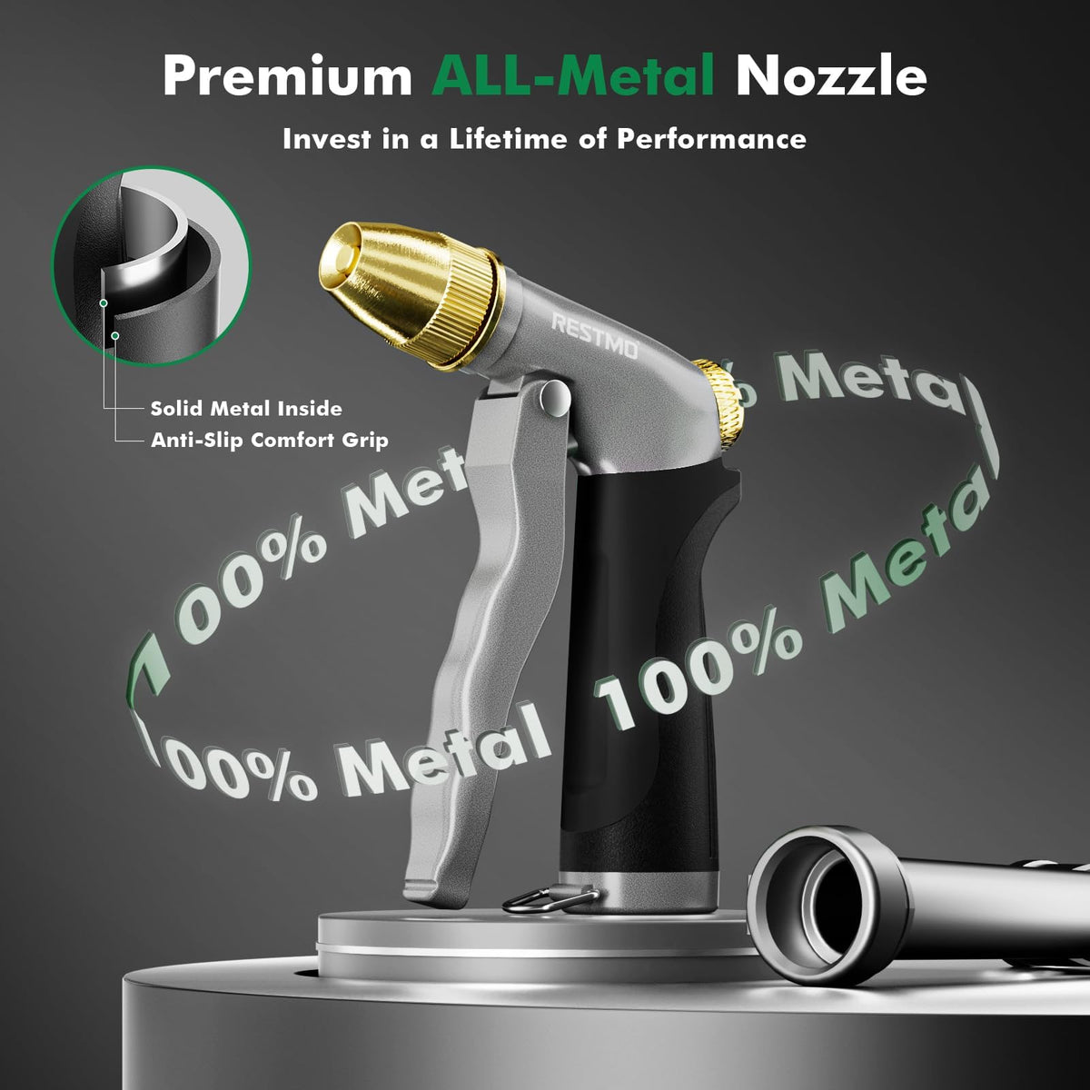 Restmo brass nozzle head showing precise spray pattern control for versatile cleaning.
