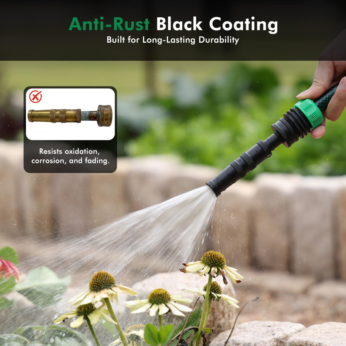 Restmo brass twist nozzle anti-rust coating closeup highlighting durability.