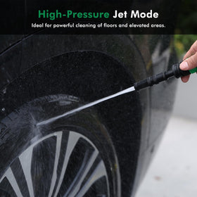 Restmo universal-fit twist nozzle connected to standard garden hose.