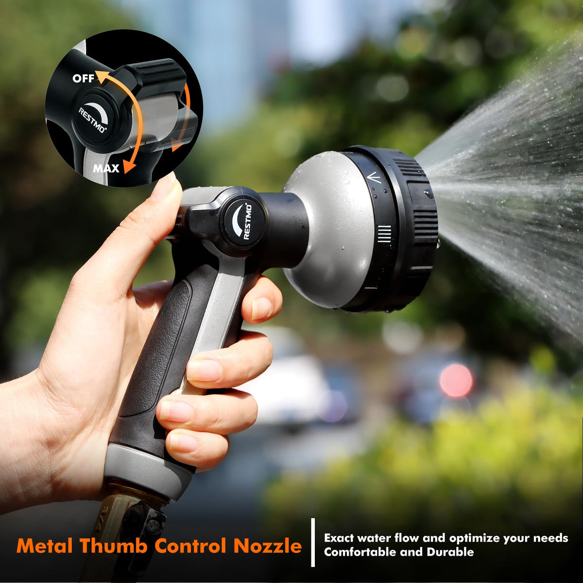 Restmo eight-pattern spray covers lawn, car, and pet cleaning tasks.