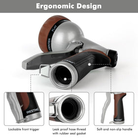 Restmo ergonomic soft-grip handle reduces hand fatigue during use.
