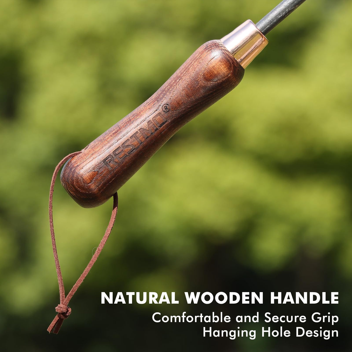 Restmo ergonomic wooden handle close-up emphasizes natural grain and shock-absorbing grip.