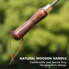 Restmo ergonomic wooden handle close-up emphasizes natural grain and shock-absorbing grip.