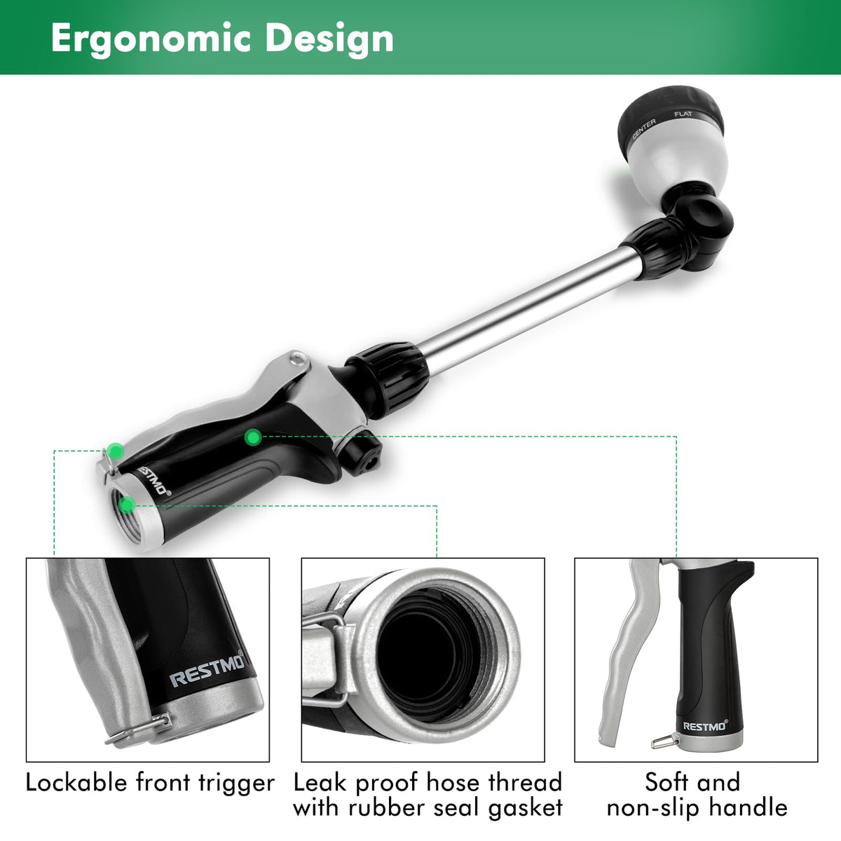 RESTMO flow control knob adjusts pressure for precise watering on plants or patio tasks.