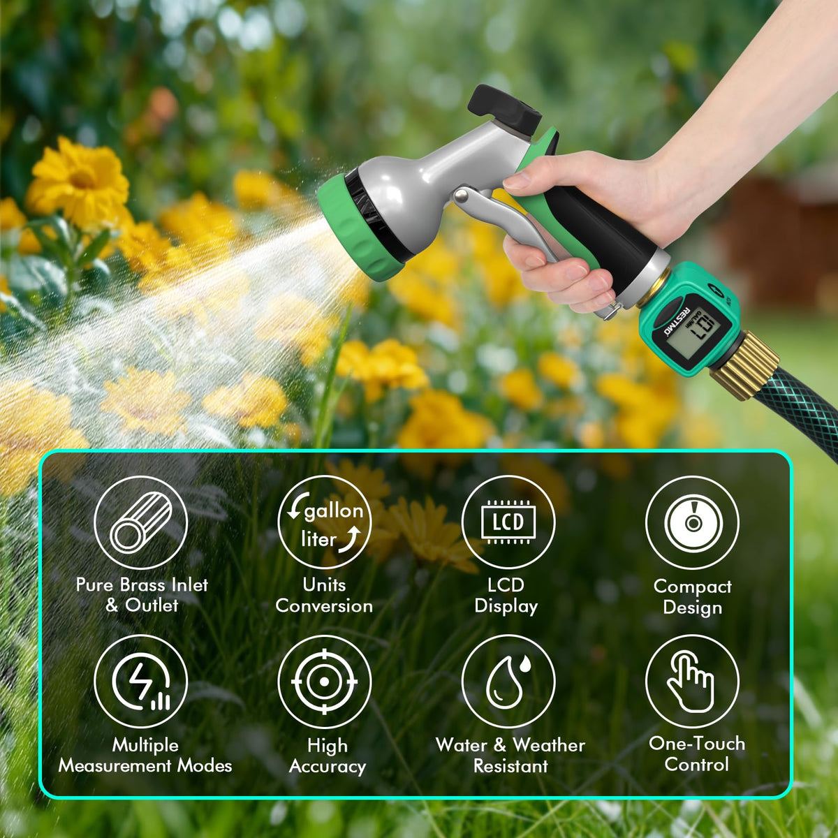 Restmo flow meter modes for flow, consumption, average, and total usage.