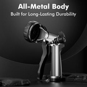 Restmo garden hose nozzle 7-pattern dial enables versatile watering patterns.
