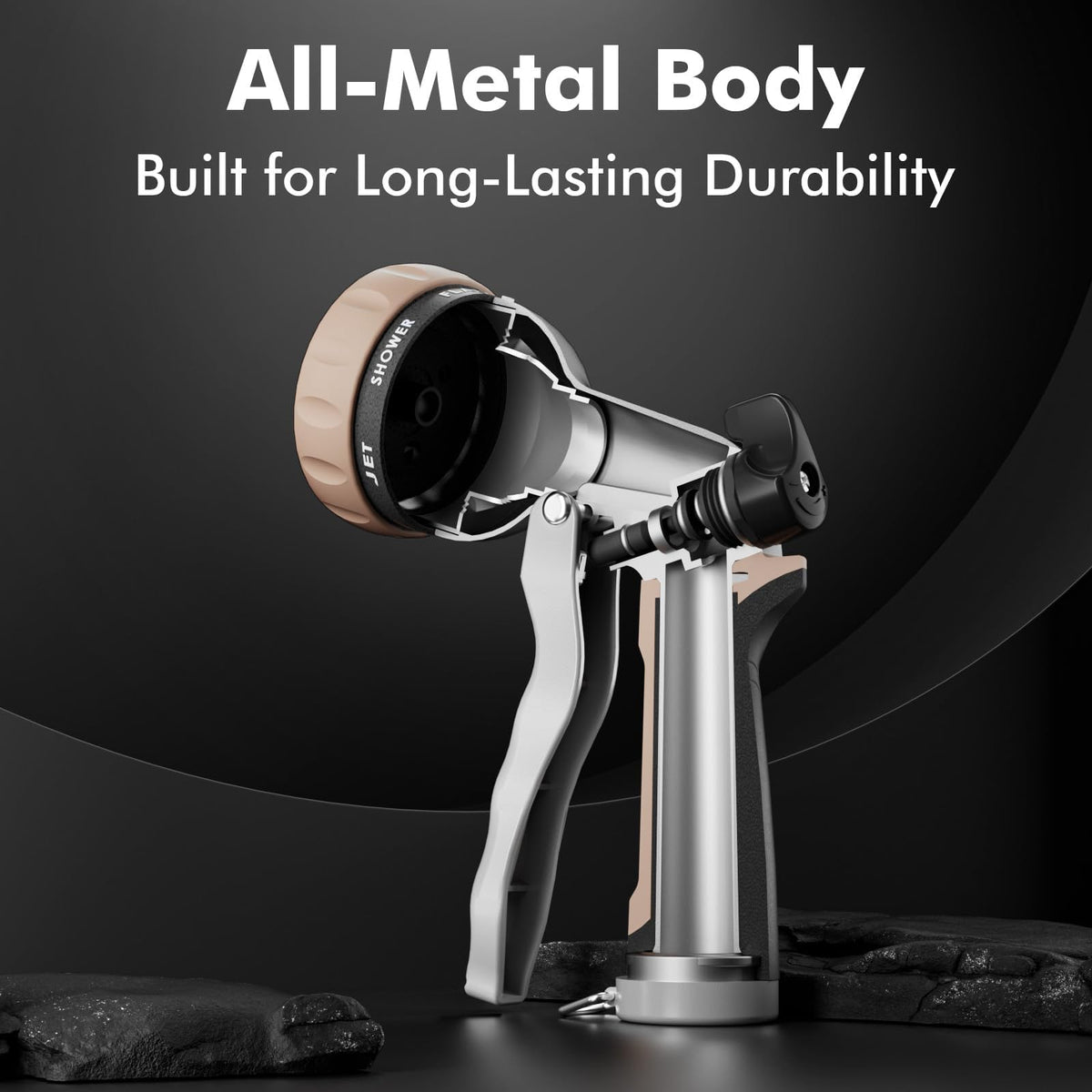 Restmo nozzle shows a 7-pattern dial for versatile watering tasks.