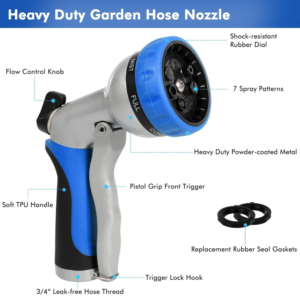 RESTMO Garden Hose Nozzle 7-patterns dial enables versatile garden and cleaning tasks.