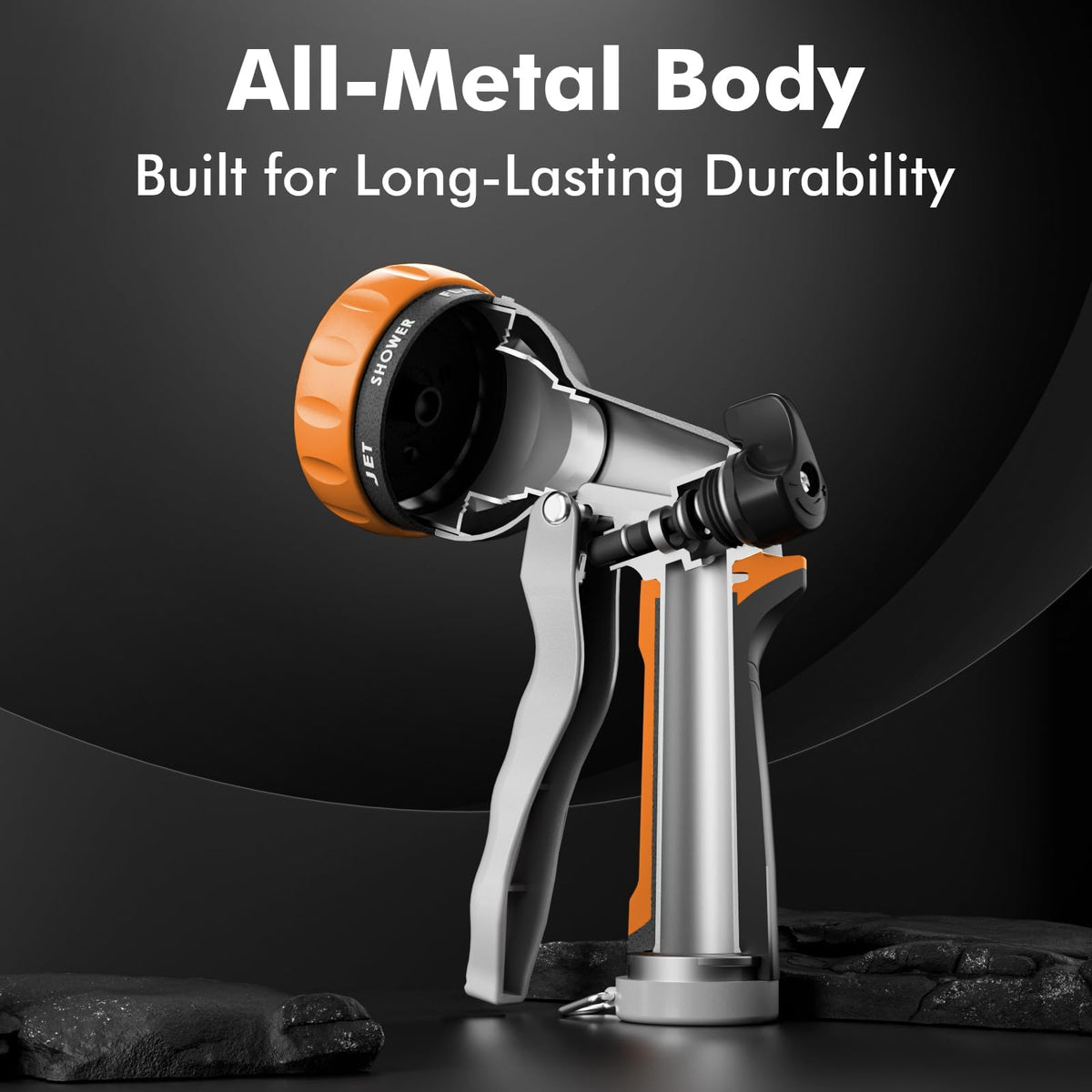 Restmo nozzle-dial-patterns highlights seven spray options for versatile watering tasks.