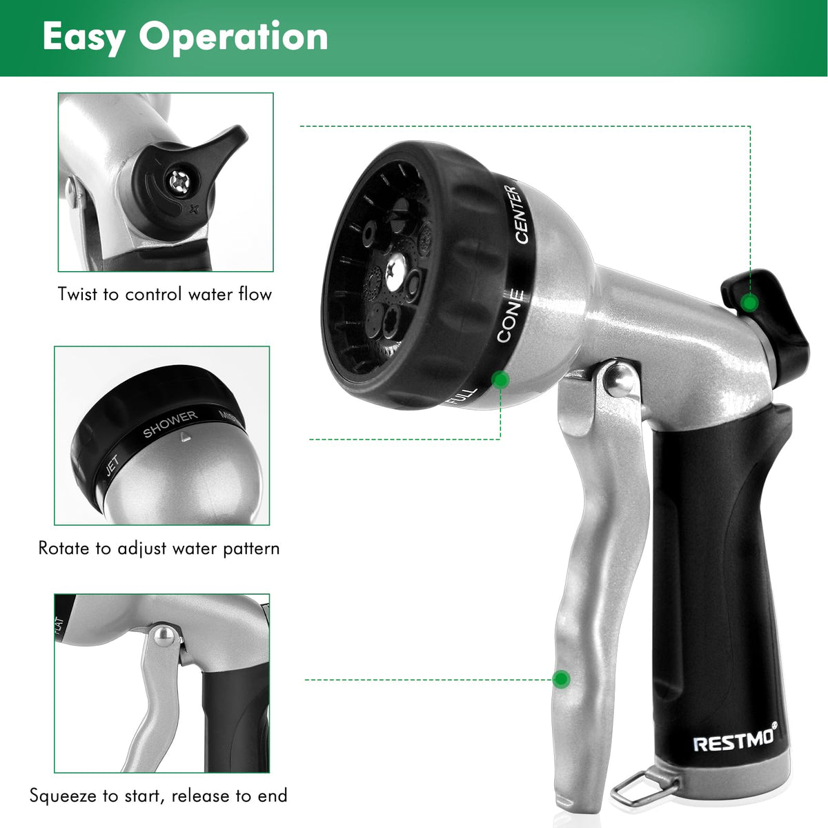 Restmo ergonomic grip provides comfortable operation during long watering sessions