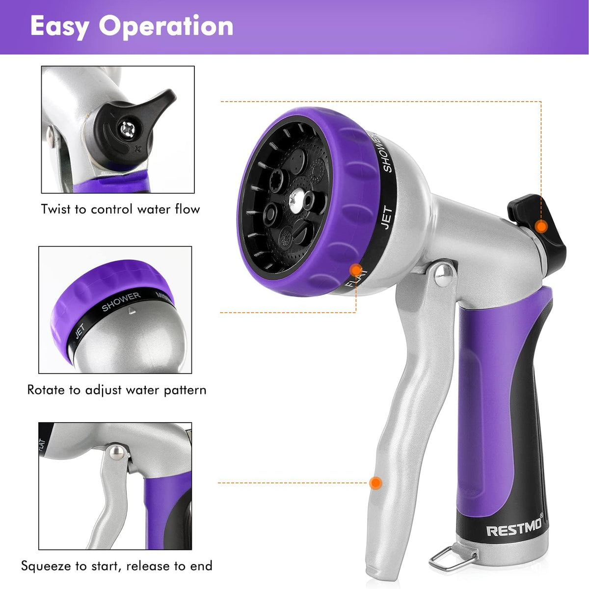Restmo flow control knob adjusts pressure for plants and cleaning jobs