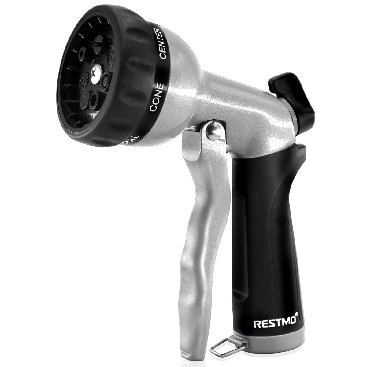 Restmo garden hose nozzle front view shows durable metal construction