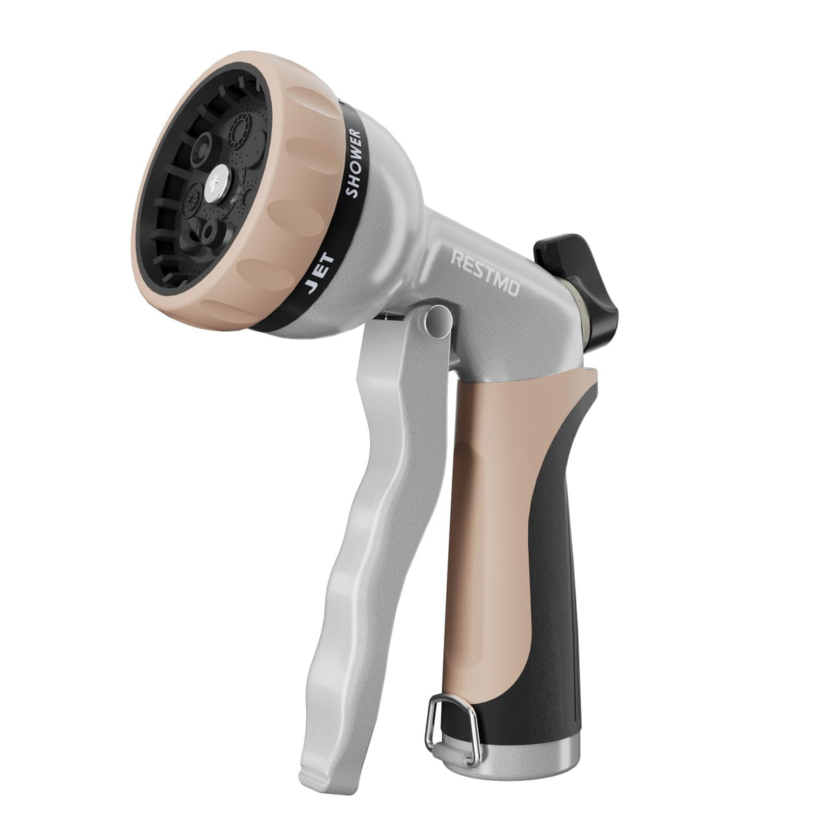 Restmo garden hose nozzle with heavy-duty metal body resists rust during outdoor use.