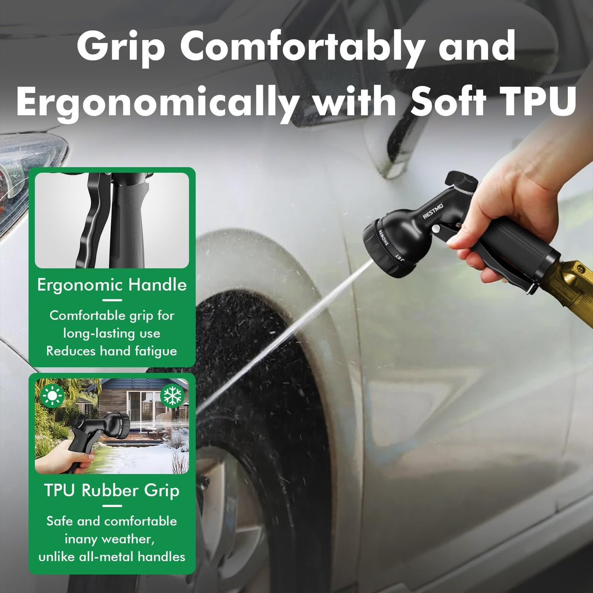Restmo 3/4 NH thread compatibility fits standard hoses securely.