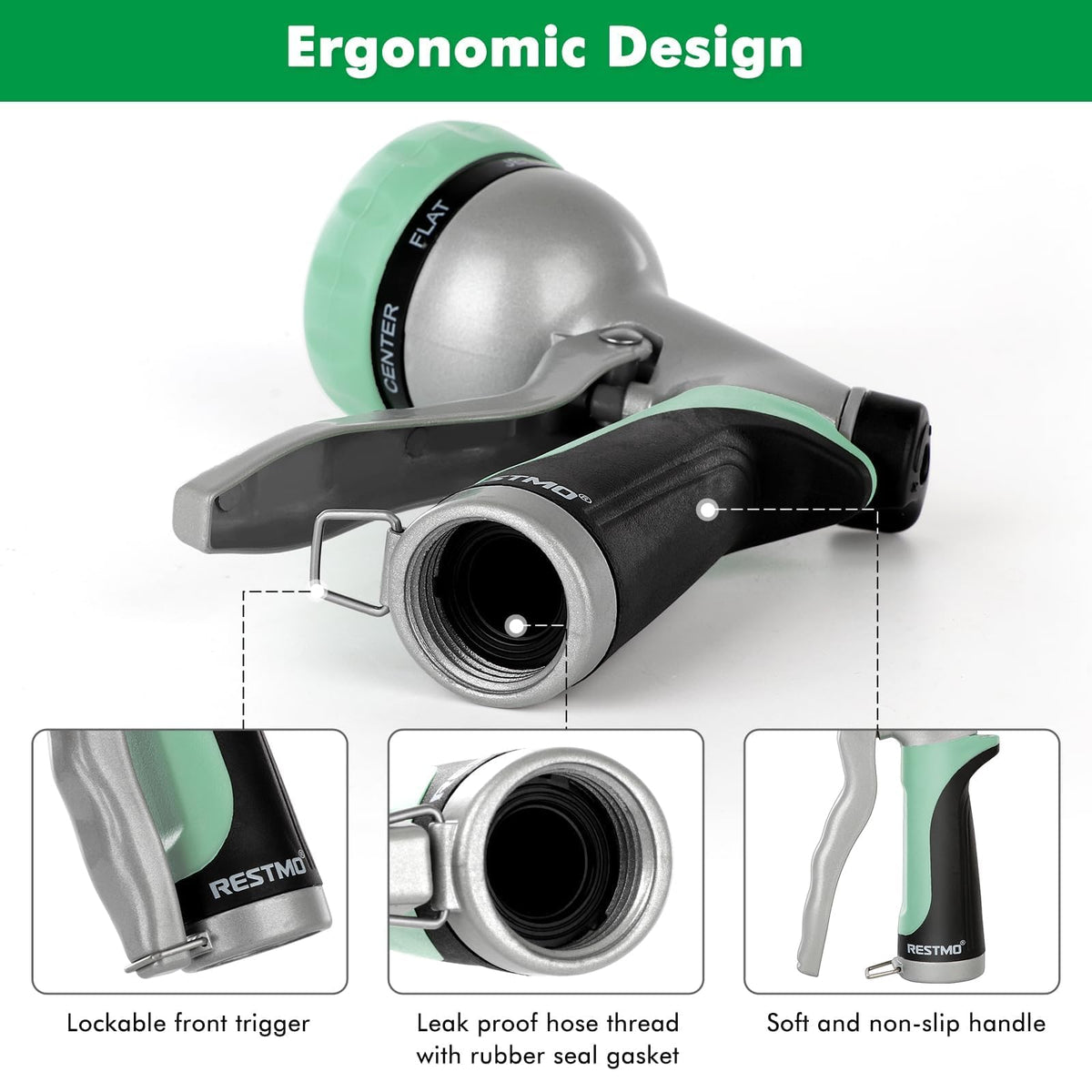 Restmo Garden Nozzle pistol grip trigger provides easy one-handed operation while spraying.