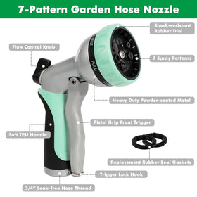 Restmo Garden Nozzle seven-pattern dial enables versatile watering, cleaning, and lawn care tasks.