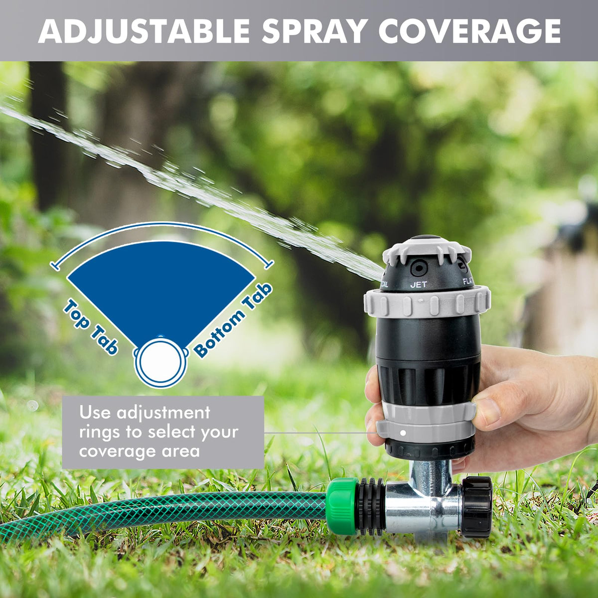 Restmo Gear Drive Sprinkler cone pattern provides a gentle, broad spray for delicate shrubs.