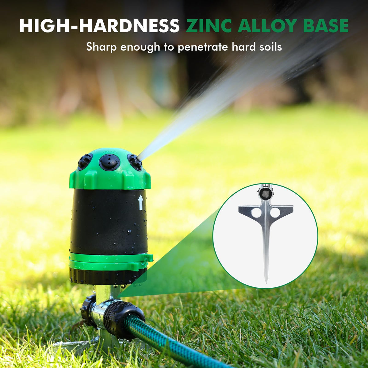 Restmo Gear Drive Sprinkler flow-through design enables chaining multiple sprinklers.