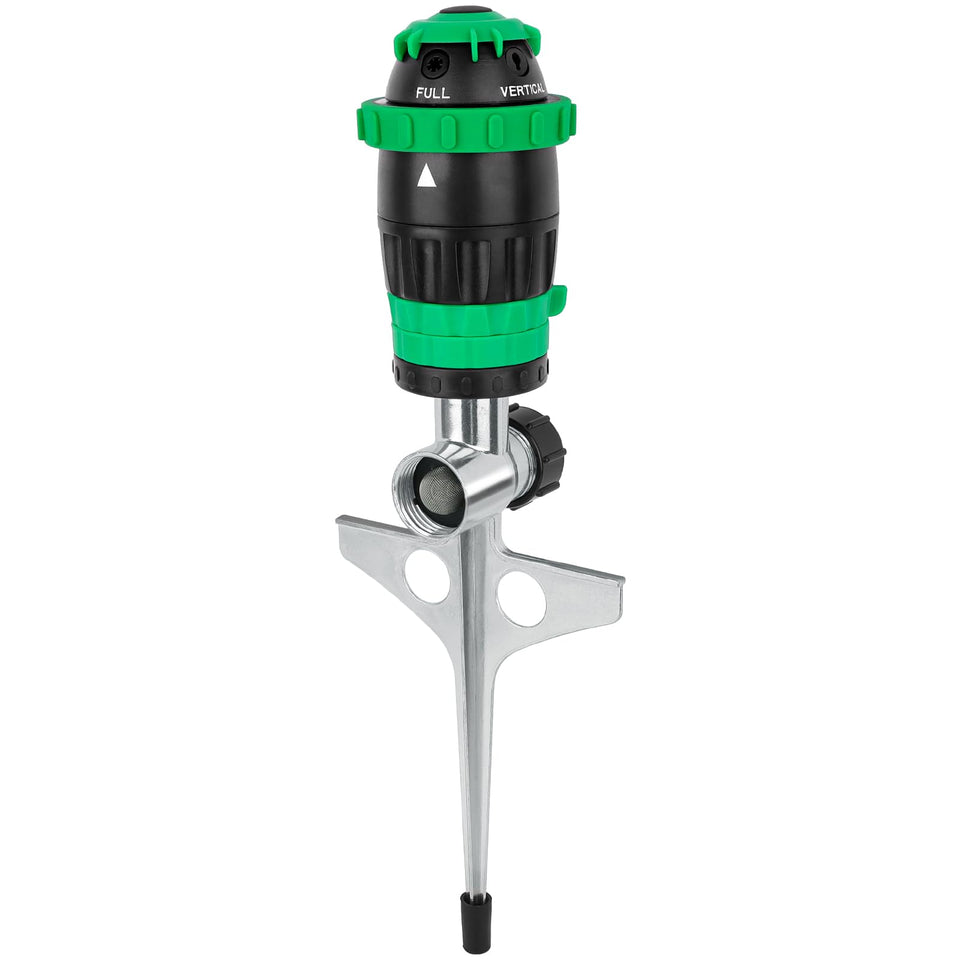 Restmo Gear Drive Sprinkler with metal spike base provides stable ground placement for efficient watering