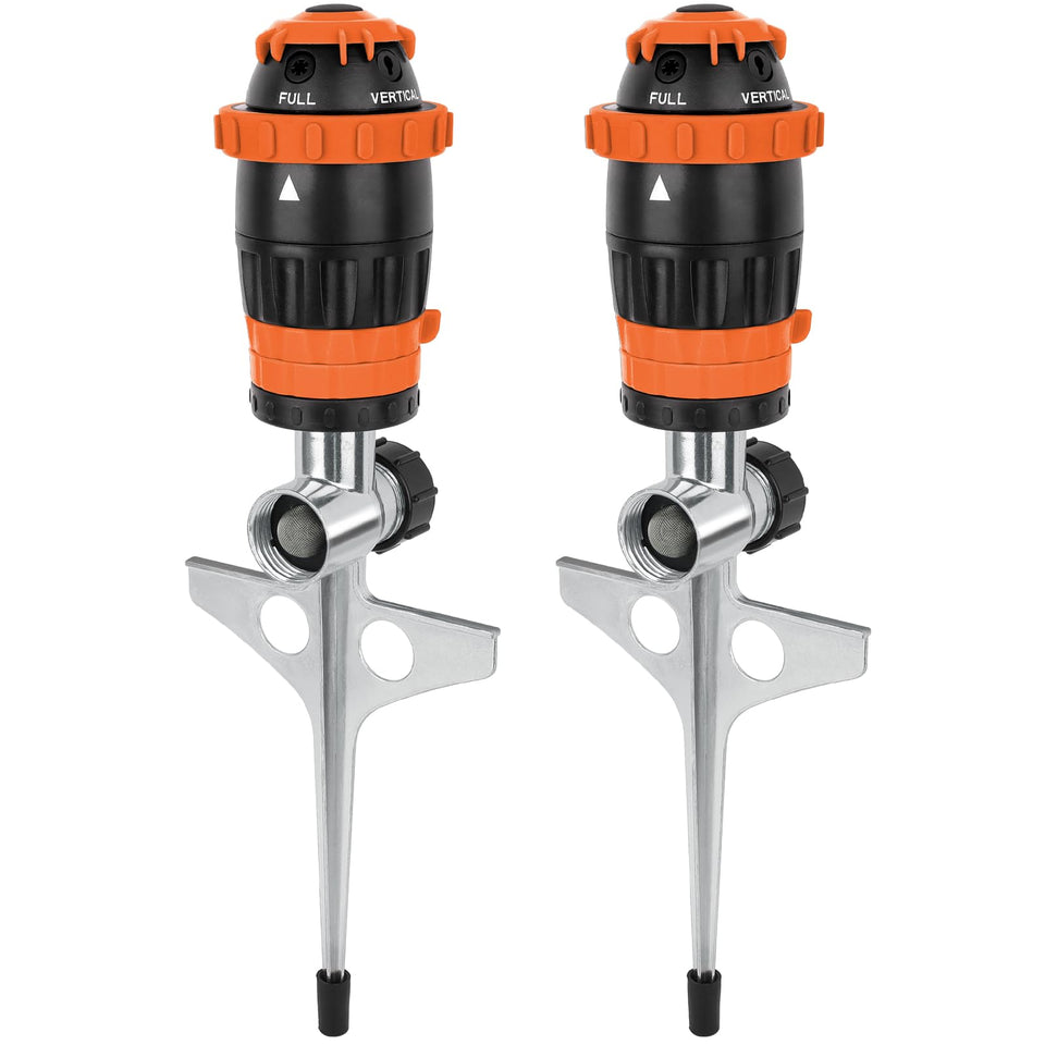 Restmo Gear Drive Sprinkler with metal spike base ensures stable lawn irrigation.