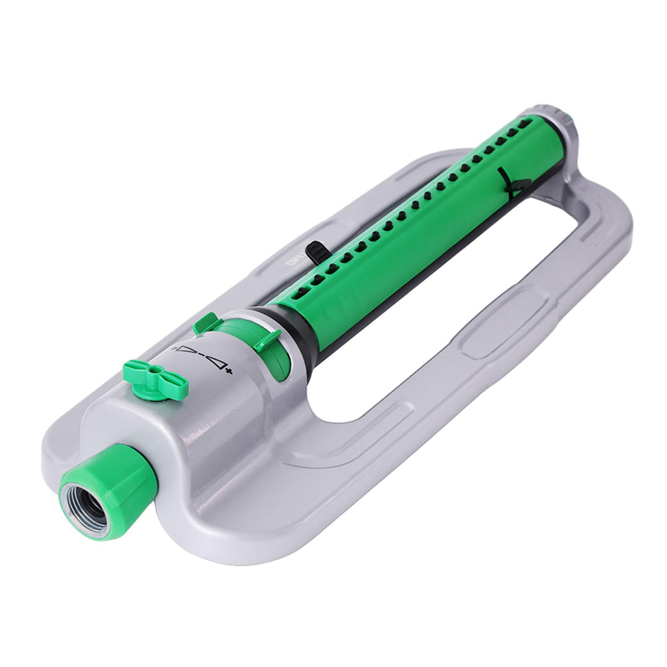 Restmo heavy-duty metal base keeps sprinkler steady on uneven terrain.