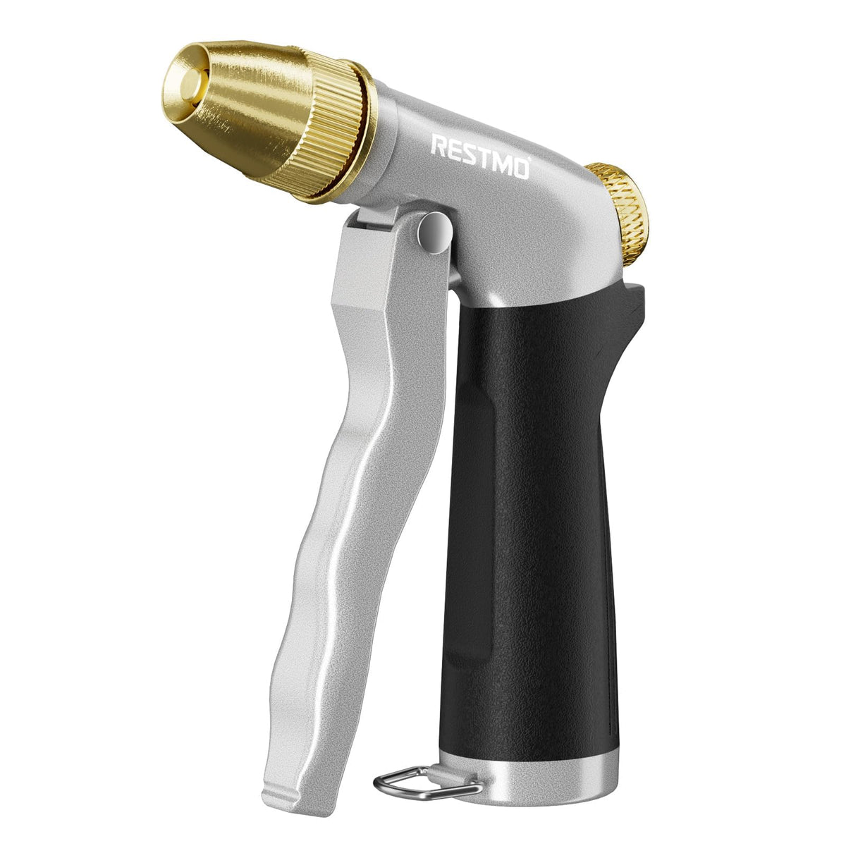 Restmo heavy-duty metal hose nozzle for durable garden watering and reliability.